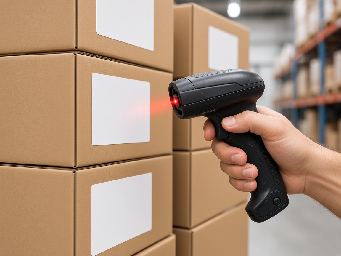 Handheld scanner reading boxes in the warehouse